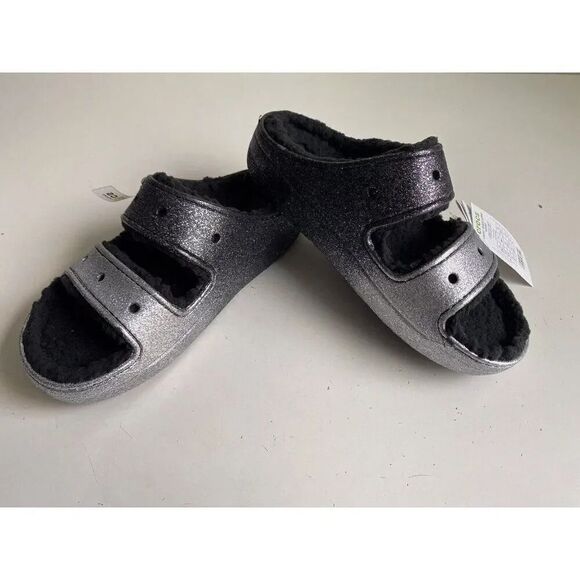 Crocs Classic Cozzzy Glitter Sandal 208124-067 Black Silver Men’s 9 Women’s 11 - Picture 1 of 11
